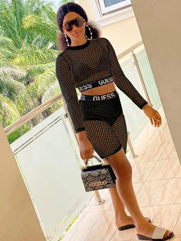 

Women's Round Neck Letter Long-sleeved Sexy Hollow Hole Top Bts + Five-point Pencil Pants 2 Piece Set Solid Color Suit Seaside