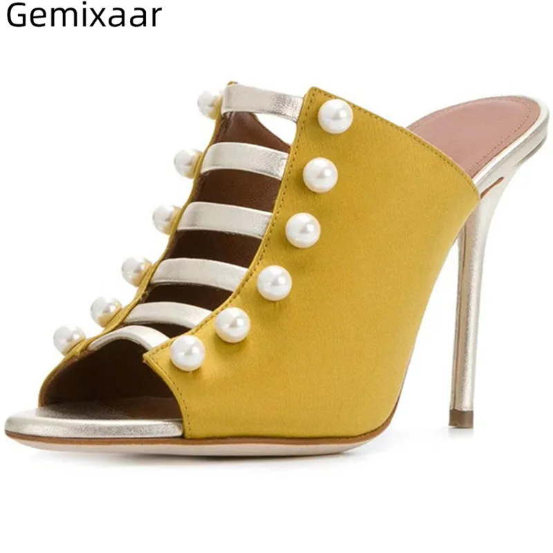 

Hot Sell Fish Mouth Decor Pears Slippers Woman Thin High Heels Fashion Party Slides Peep Toe Hollow-out Woman Slippers 35-43