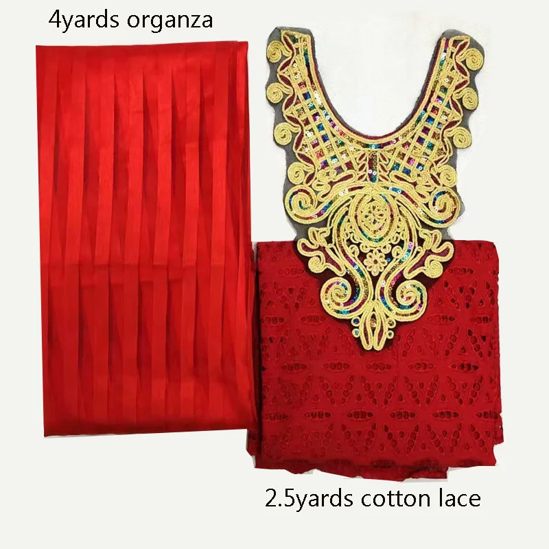 Красный 4 ярдов органза соответствующие 2,5 ярдов шнур хлопок кружевная ткань с консажем африканская леди 3 шт Шелковый принт