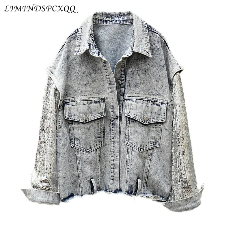 

Women Bomber Denim Jacket Feminine Autumn Vintage Spliced Sequin Sleeve Jean Coat Outerwear Female Jeans Jacket Veste Femme Ropa