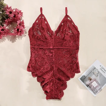 

Teddy Sexy Hollow Bodysuit Women Bra Set Lace Perspective Deep V Erotic Underwear One Piece Halter Open Sexy Built in Lingerie