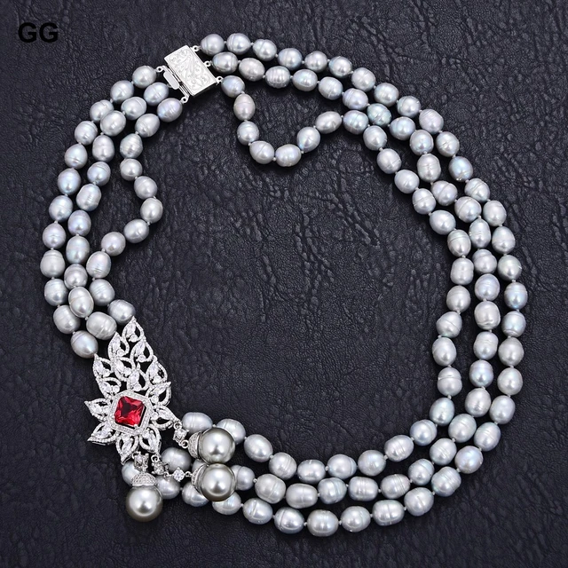 Collier de perles de riz gris, bijoux, pendentif CZ, coquillage de mer, 3  brins, 22 po, 227 - AliExpress