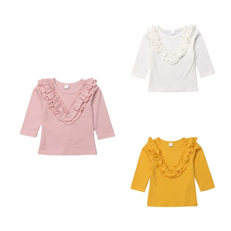 

Spring Autumn Fashion Solid Color Girls Clothes Sweet Cute Falbala Long Sleeve Tops Kids Blouse