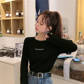 

PX2469 2020 new slim slimming bottom elastic threaded letters embroidery long-sleeved T-shirt top women