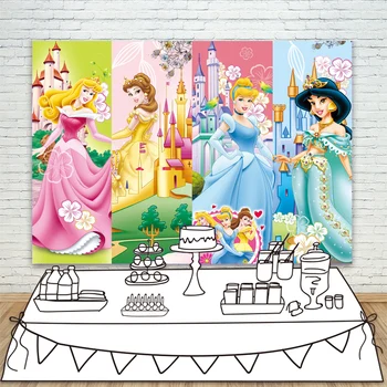 

Cartoon Princess Backdrop Cinderella Aurora Belle Jasmine Princess Castle Photo Background for Girl Birthday Party Banner