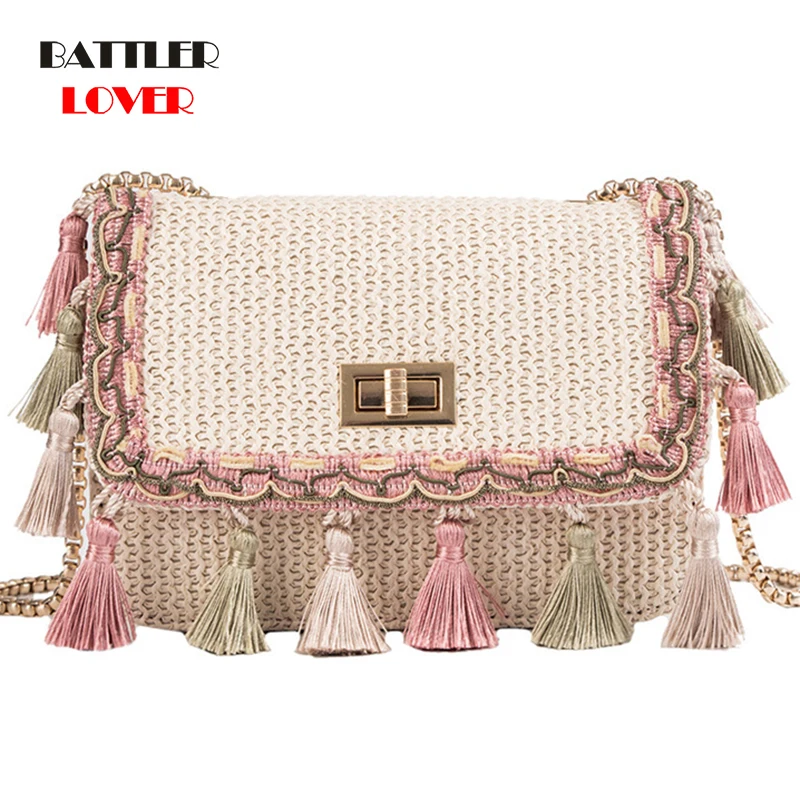 2019 Ins Hot Fashion Wool Womens Handbag Tassel Plaid Straw Messenger Bag Vintage Ladies Flap High Quality Chain Shoulder Bag