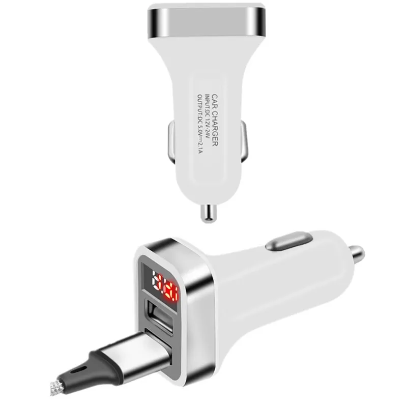 

Car Charger Digital Display 2.1A Dual Port USB Combination Kit with 3-in-1 Quick Charge Cable for iPhone Samsung Xiaomi Phone