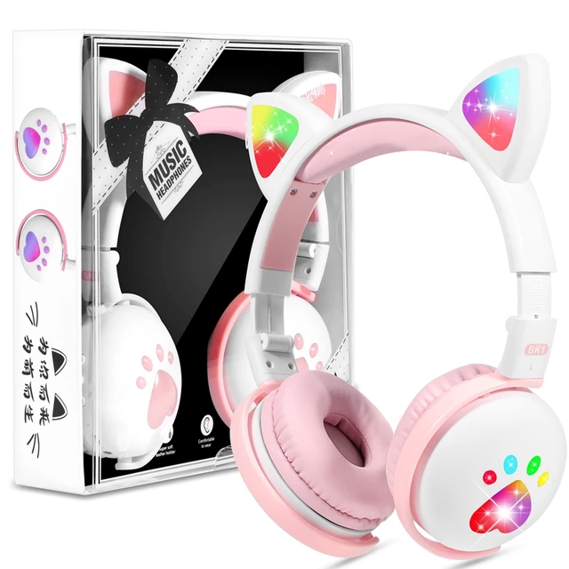 Cute Cat Headphones For Children Kids Wireless LED Light Cat Ear Blue-tooth Compatible Cat Paws Headset With Mic For Girl GIfts white  With Package