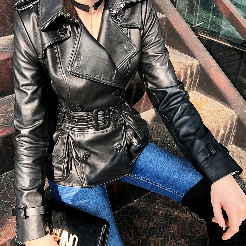 Women Genuine Leather Jacket Female Winter Double Breasted Classic Belt Short Trench Coat Mujer Beige/Black Moto Windbreaker