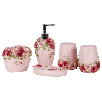 

Country Style Resin 5Pcs Bathroom Accessories Set Soap Dispenser/Toothbrush Holder/Tumbler/Soap Dish (Pink)