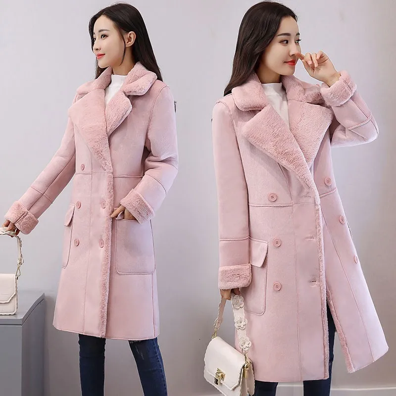 pink Осенне-зимние женские однотонные теплые пальто из замши с мехом, зимнее пальто из толстой искусственной овчины, Длинная женская куртка - Цвет: pink