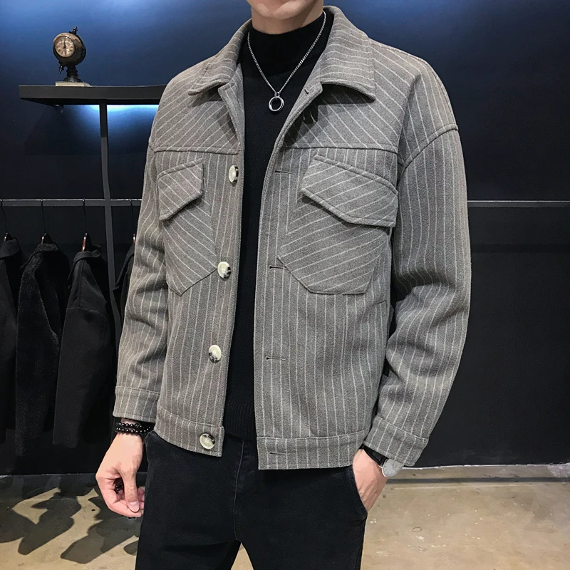 2019 Men's Loose Wool Blends Coat Autumn and Winter Jackets Short Stripe Trench Coat Men Casual Fashion Overcoat Clothing 2019 Men's Loose Wool Blends Coat Autumn and Winter Jackets Short Stripe Trench Coat Men Casual Fashion Overcoat Clothing