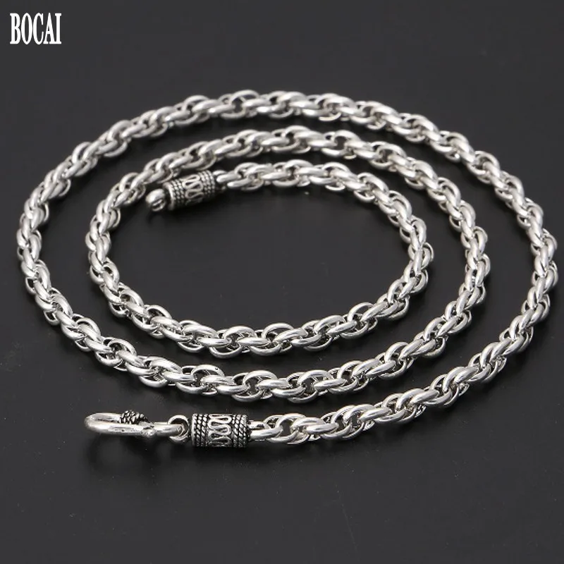 

BOCAI 2020 new real S925 silver jewelry vintage Thai silver necklace for men 4mm woven simple men silver necklace