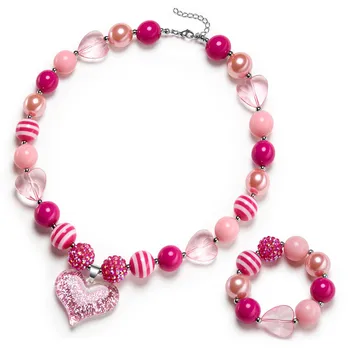 

JFORYOU 10 sets Mixed colors Glitter Heart Pendant Chunky Bubblegum Necklace and Bracelet Set Girls Wholesale