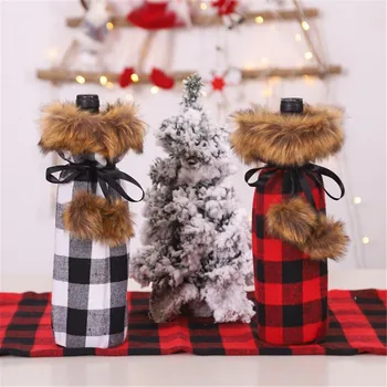 

Christmas Plaid Simulation Wine Set Bow Hair Ball Red Wine Bottle Cover Clothes Bottle Dress Up Kitchen Decoration for New Year