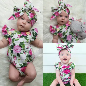 

Goocheer 2 pieces Set for Christmas Baby Girl Spaghetti straps Halter Romper + Headbamd Jumpsuit Floral Sunsuit Outfits
