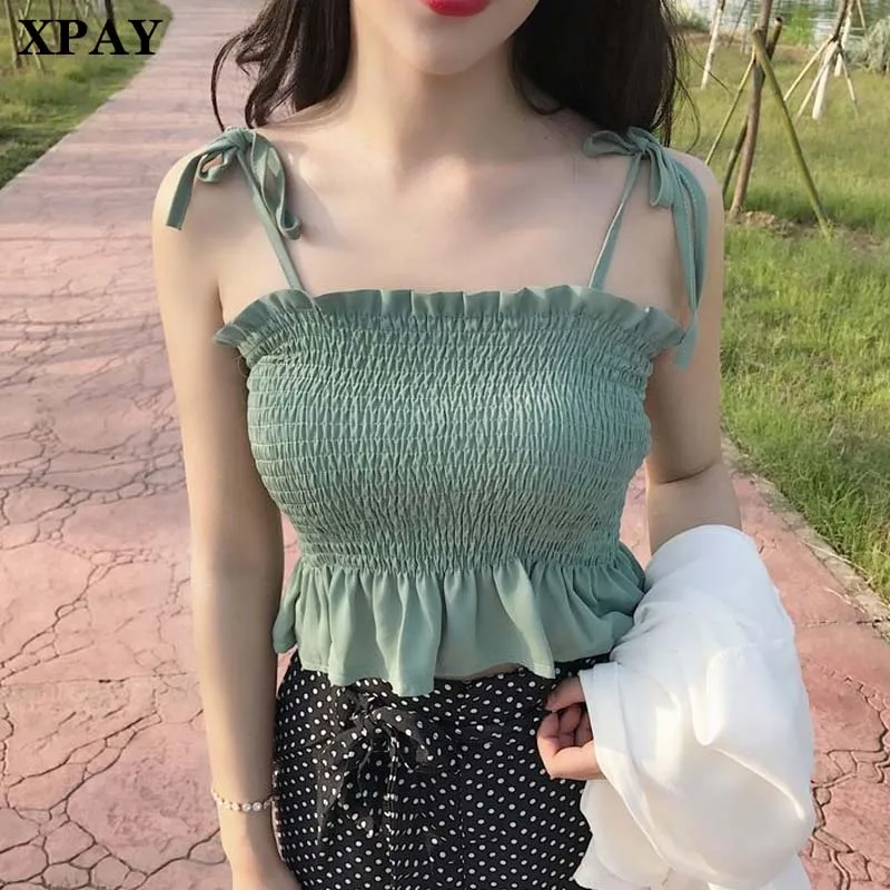 

Women Fashion Ruched Pleated Crop Top Summer Sexy Bustier Tees Female Solid Tie Bow Camis Streetwear Tank Tops Camisole 2020