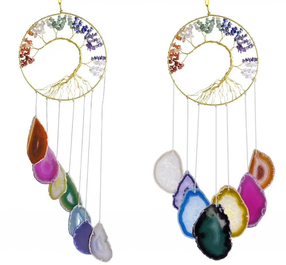 

TUMBEELLUWA Chakra Crystal Tree of Life Ornament & Agate Geode Slices Wind Chime,Suncatcher Window Wall Decor Hanging Home Decor