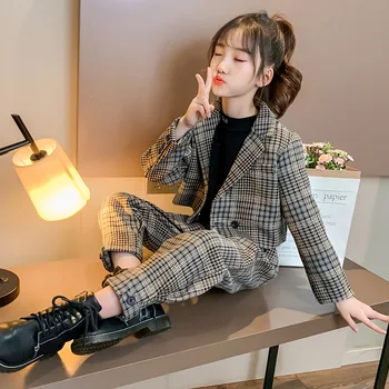 

2020 Christmas Teenage Girls Clothing Set Girls Plaid Suits Blazer + Pants Suit Jackets School Tracksuit Kids Clothes Outfits 12
