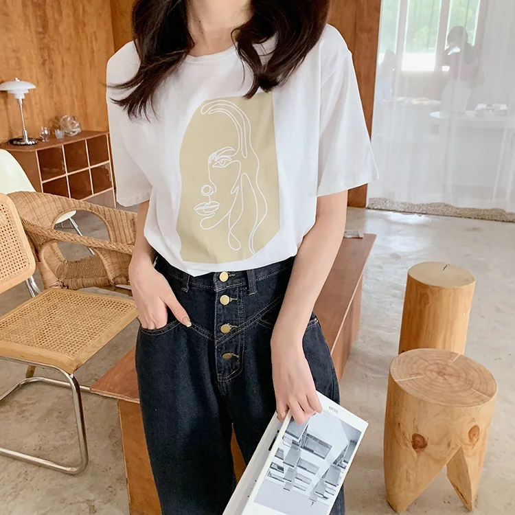 Abstract Print T-shirt Female Short Sleeve 2020 Summer New O-Neck Korean Women's Casual Tops Tees Harajuku