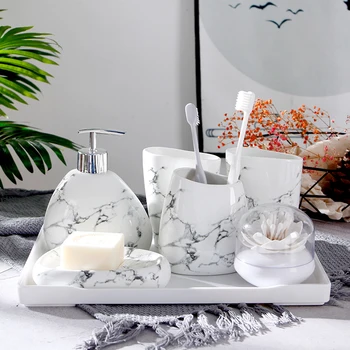 

Wedding Gift Nordic Marble Texture Ceramic Bathroom Accessories 7pcs Set/Soap Dispenser/Toothbrush Holder/Melamine Tray