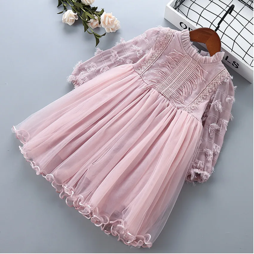 

2019 New Autumn Lace Mesh Tassel Flower Kid Children Clothing Girls Party Princess Dress 2-7 Years High Quality Girl Dress