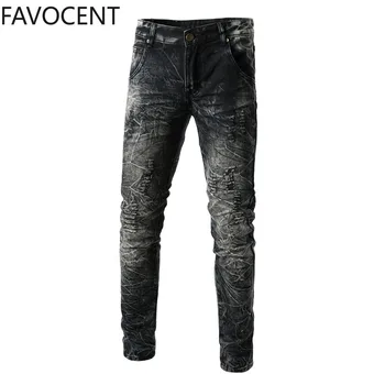 

Jeans Mens Pierced Holes Print Jeans Men's Straight Fashion Distressed Jeans Male Slim Pencil Pants Vintage Mens Trousers