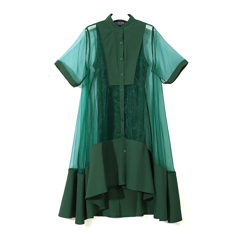 [EAM] Новое весенне-летнее платье с воротником-стойкой и коротким рукавом, зеленое платье из органзы с неровным подолом, женское модное платье из двух частей JT581