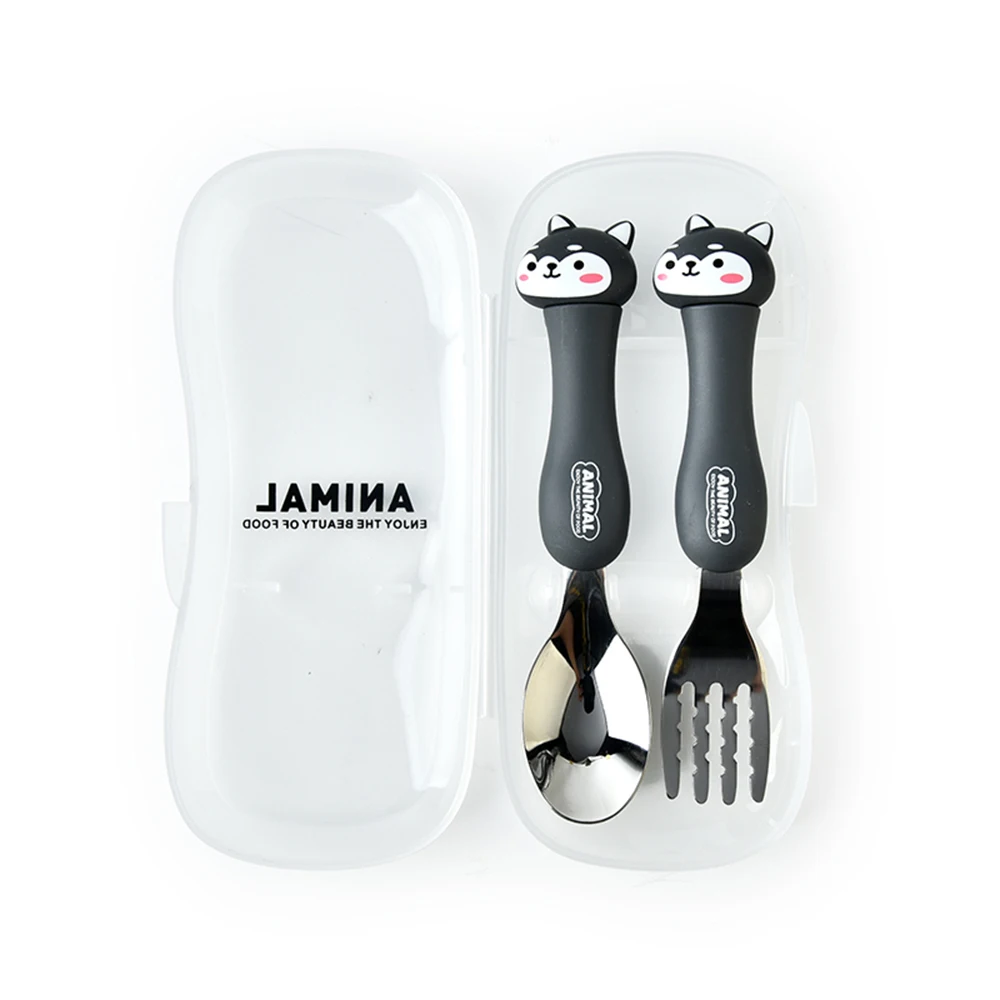 2Pcs Kids Silverware Cute Spoon Fork Travel Carry Set Children Portable Tableware Toddler Utensils Spoon Fork with Travel Case