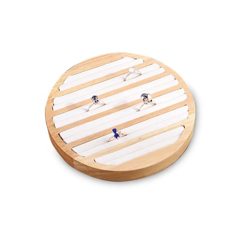 Bamboo Wooden Ring Display Tray Round 6 Long Slot Leather Insert Jewelry Storage T4MD - Color: BE