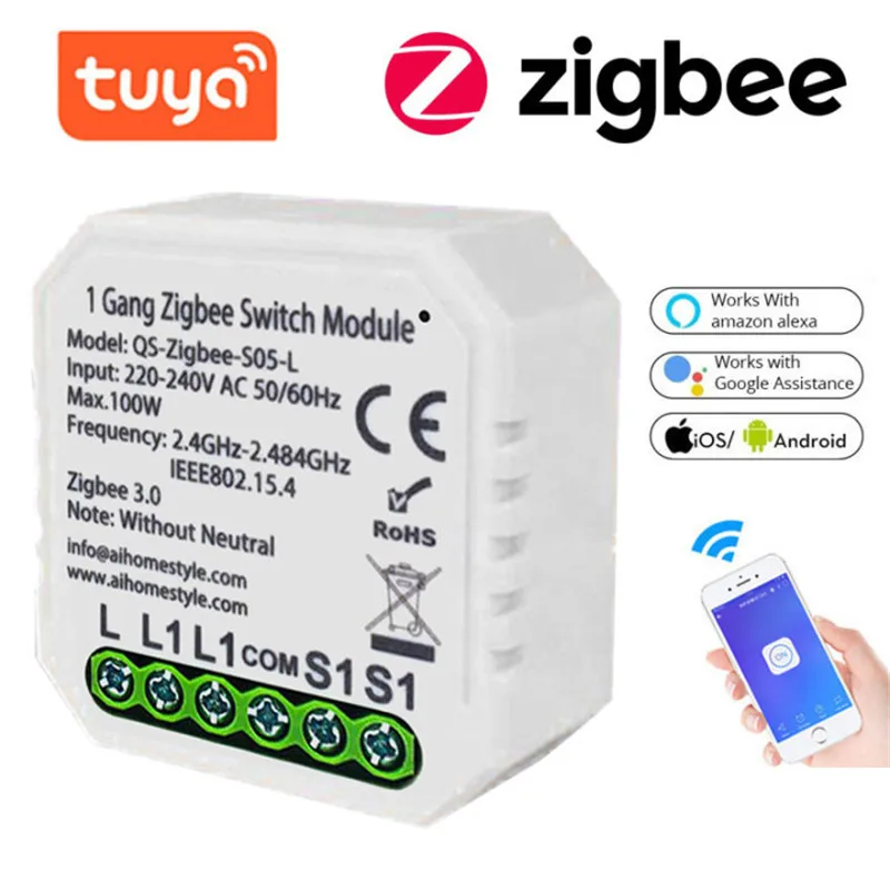 Tuya Smart Zigbee Dimmer Switch Module 1/2 Gang With/No Neutral 2 Way APP Wireless Control Works With Alexa Google 220-240V