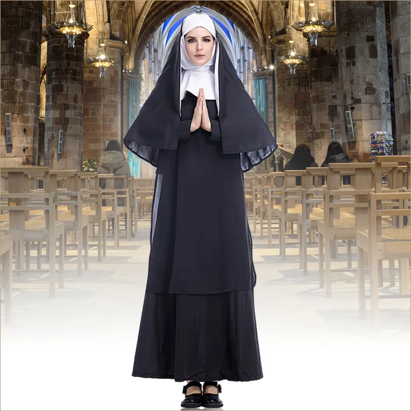 DJGRSTER Virgin Mary Nuns Costumes for Women Arabic Religion Monk Ghost Uniform Halloween Sexy Long Black Nuns Costume Cosplay  (5)