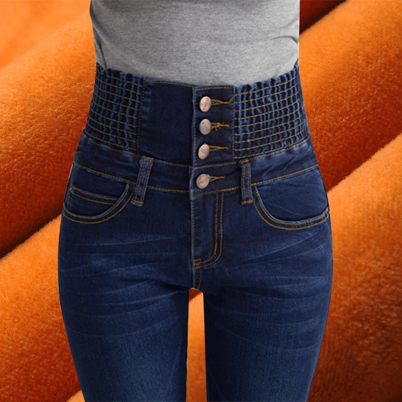 Осень зима женские теплые джинсы повседневные с высокой талией обтягивающие с флисовой подкладкой узкие брюки с эластичной резинкой на талии женские джинсы
