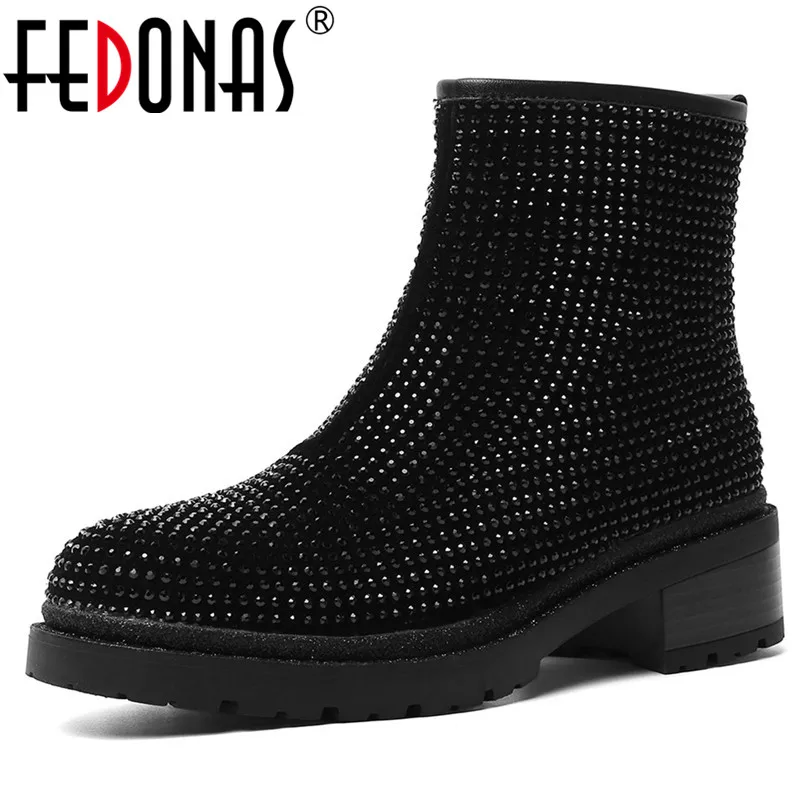 

FEDONAS Female New Blingbling Crystal Cow Suede Short Platform Boots Women Ankle Boots Night Club Shoes Woman Punk High Heels