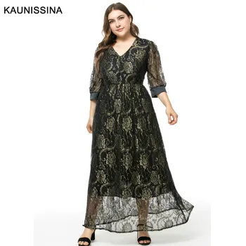 

KAUNISSINA Plus Size Lace Evening Dress Long Party Elegant V-Neck 3/4 Sleeve Formal Evening Gown Party Dress Robe Vestido