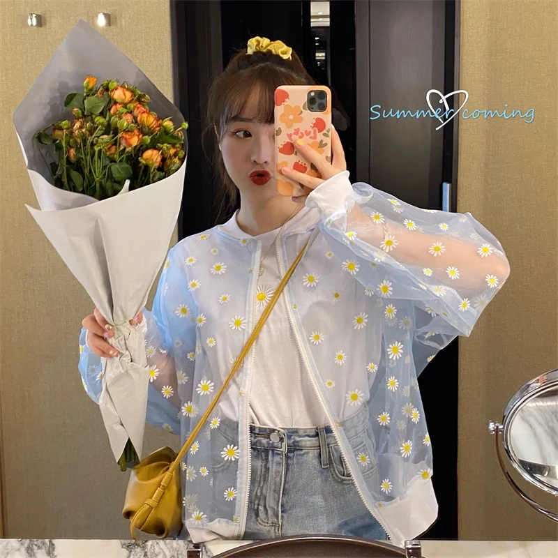 2020 New Korean Style Loose Flower Printed Thin Jacket Sunscreen Women Long Sleeve Casual Sunscreen Jacket Veste Femme