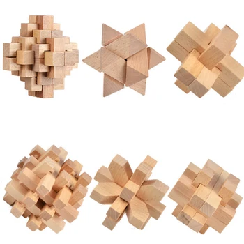 

6 Piece New Design IQ Brain Teaser Kong Ming Lock 3D Wooden Interlocking Burr Puzzles Game Toy Bamboo Small Size For Adults Kids