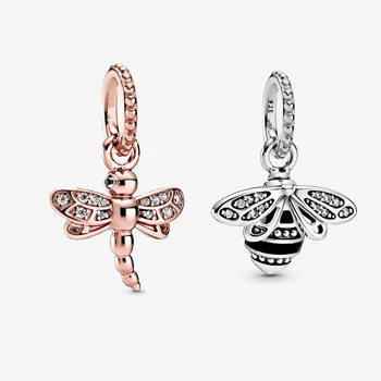 

2020 NEW Real 925 Sterling Silver Sparkling Dragonfly Pendant Fit pandora bracelet Sparkling Queen Bee Pendant Charm DIY jewelry