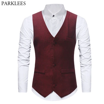 

Red Herringbone Tweed Vest Men 2020 Brand New Slim Fit V Neck Vests Waistcoat Mens Formal Business Wedding Chalecos Para Hombre