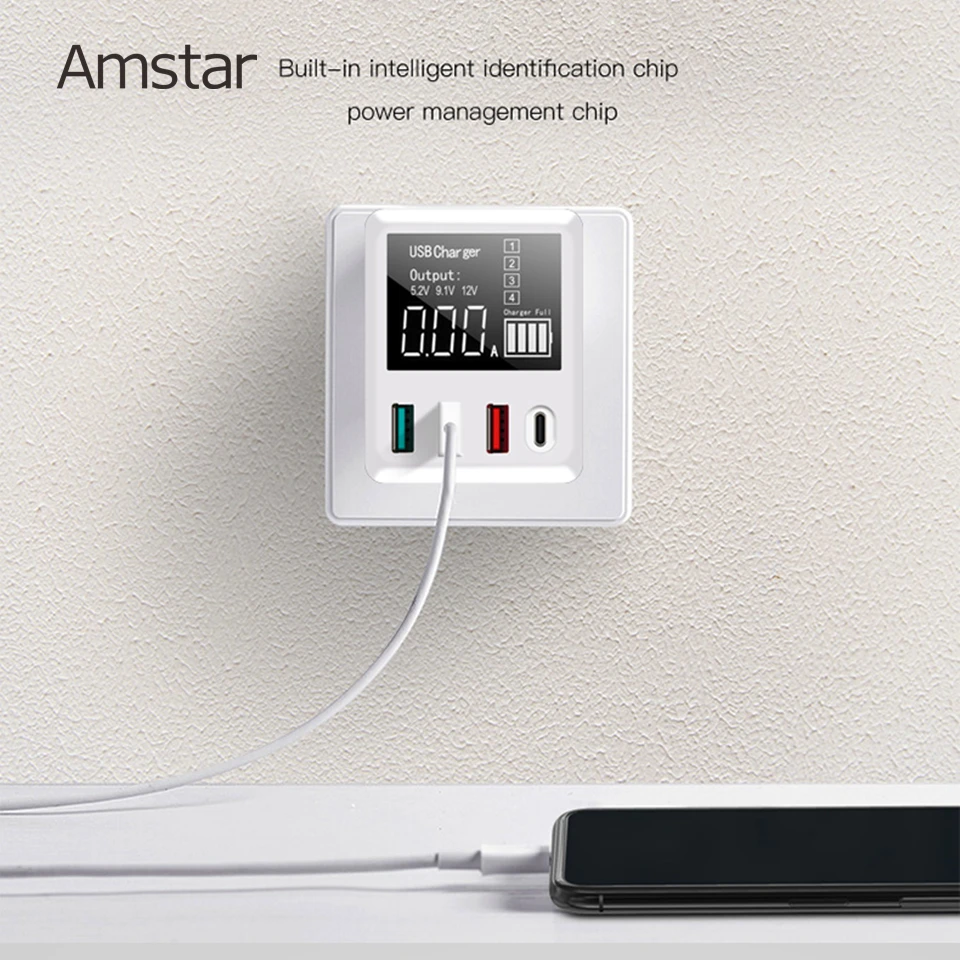 Amstar Quick Charge 3.0 30W USB Charger LED Display Mini USB Type C Charger For iPhone Samsung Huawei Travel Wall Adapter