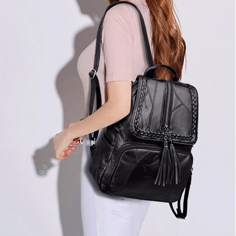 

2020 Women's PU leather backpack School bag classic black waterproof travel multi-function Shoulder bag