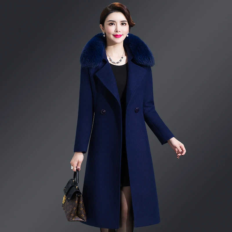 

Women Autumn Wool Blend Coats Plus Size 4XL Faux Fur Collar Female Woolen Coat Long Jackets casaco feminino LX2081