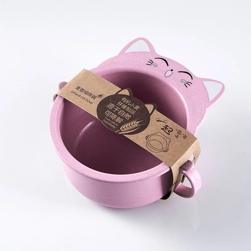 3 шт., детская посуда для кормления, мультяшная кошка, детские блюда, детская посуда для еды, набор посуды, антигорячей пластины, тренировочная чаша+ ложка+ вилка - Цвет: Pink Bowl