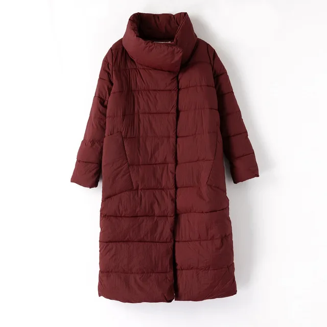 Зимняя длинная куртка женская парка с хлопковой подкладкой элегантная теплая длинная парка с пузырьками женское плотное пальто с воротником-стойкой высшее качество - Цвет: Wine Red
