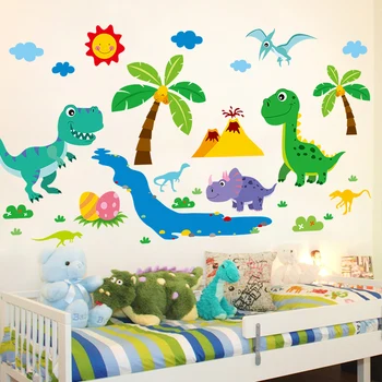 

[SHIJUEHEZI] Cartoon Dinosaur Animals Wall Stickers DIY Coconut Tree Mural Decals for Kids Room Baby Bedroom Home Decoration