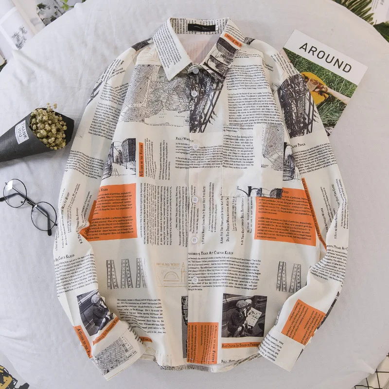 

2019 New Men Long Sleeve Shirt Personality Newspaper Printing Cardigan Shirt Male Casual Fashion Plus Size Loose Men's Shirt