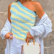 

Printed Knitted Cropped Top Y2k Asymmetrical One-shoulder Corset Top Women's Backless Beach Camis Retro Vacation Undershirt