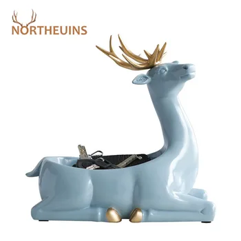 

NORTHEUINS Resin Elk Deer Reindeer Storage Figurines Modern Animal Sculpture Home Decor Loft Christmas Decorations for Home Desk