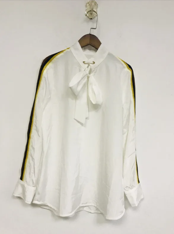 Women Bow Shirt Solid White Button Ofiice Lady Blouse Casual Long Sleeve Tops