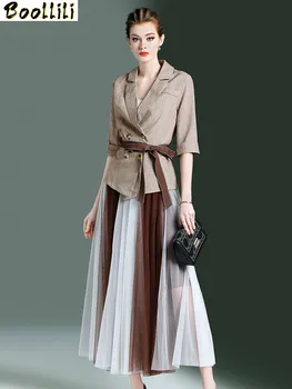 

Boollili 2020 Women's Suit Two Piece Set Blazer Mesh Pleated Skirt Set Elegant Spring Matching Sets Women Fasion Ensemble Femme